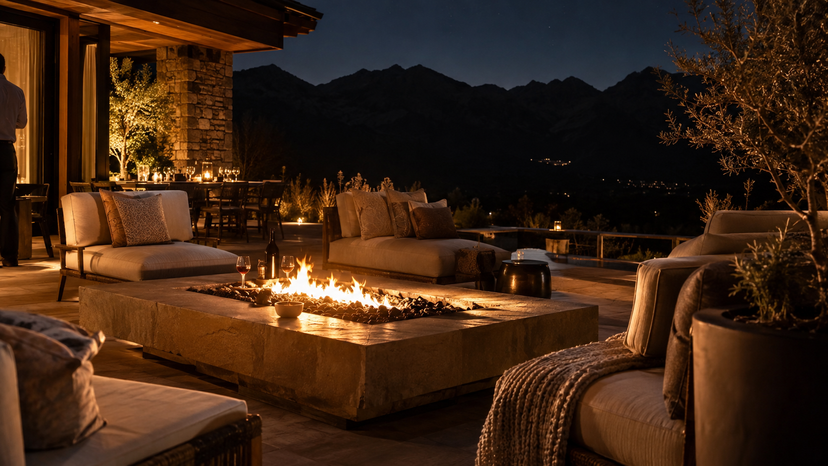 A warm lounge with a fire pit at night