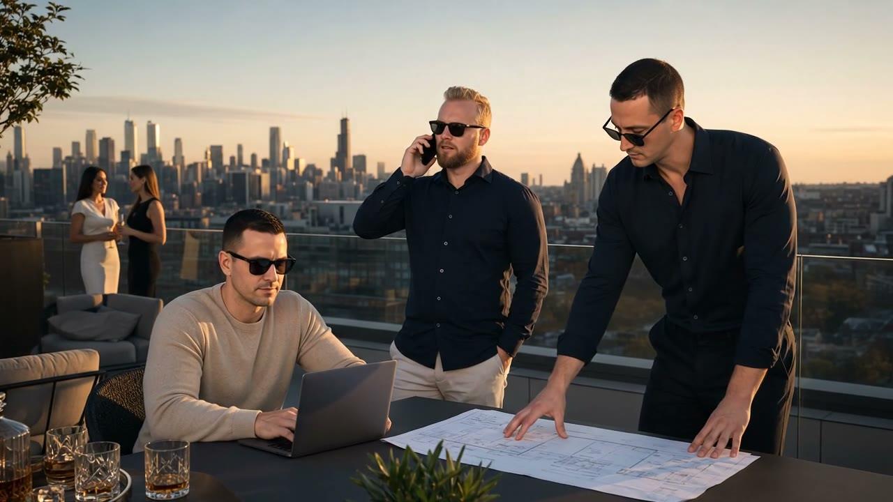 Three friends working together on a rooftop terrace at sunset