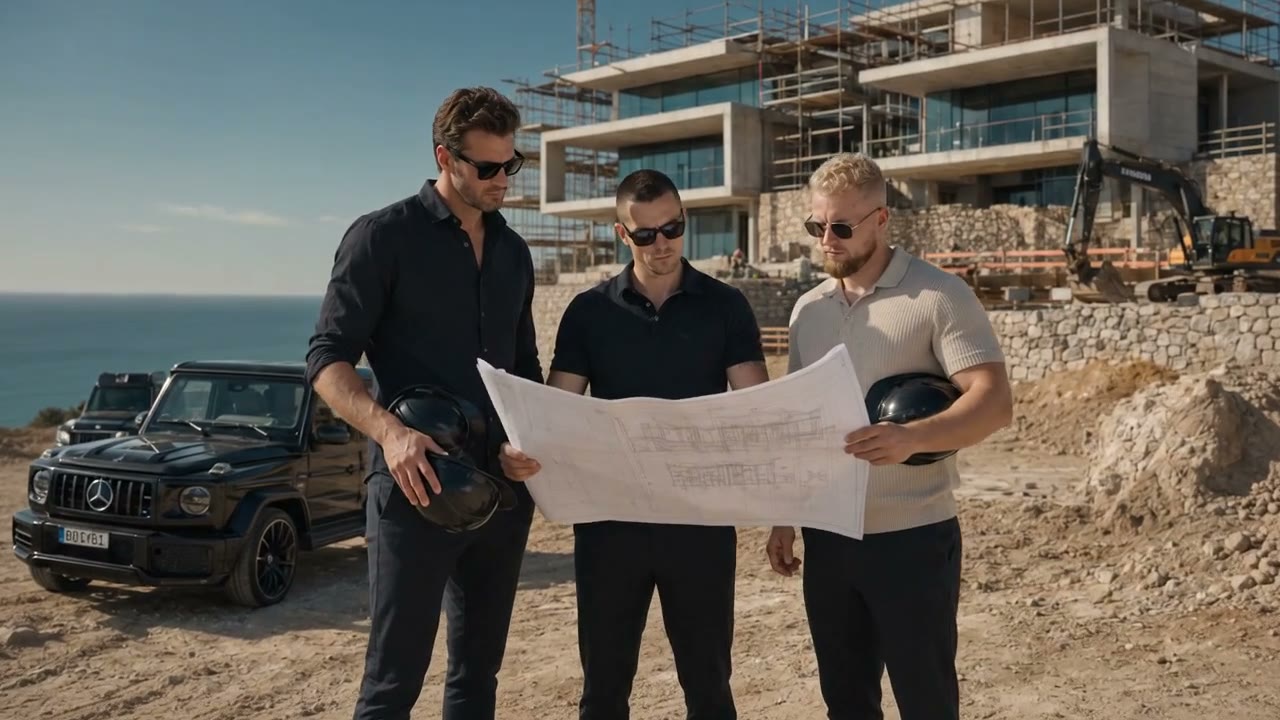 Three business partners reviewing building plans on a coastal site