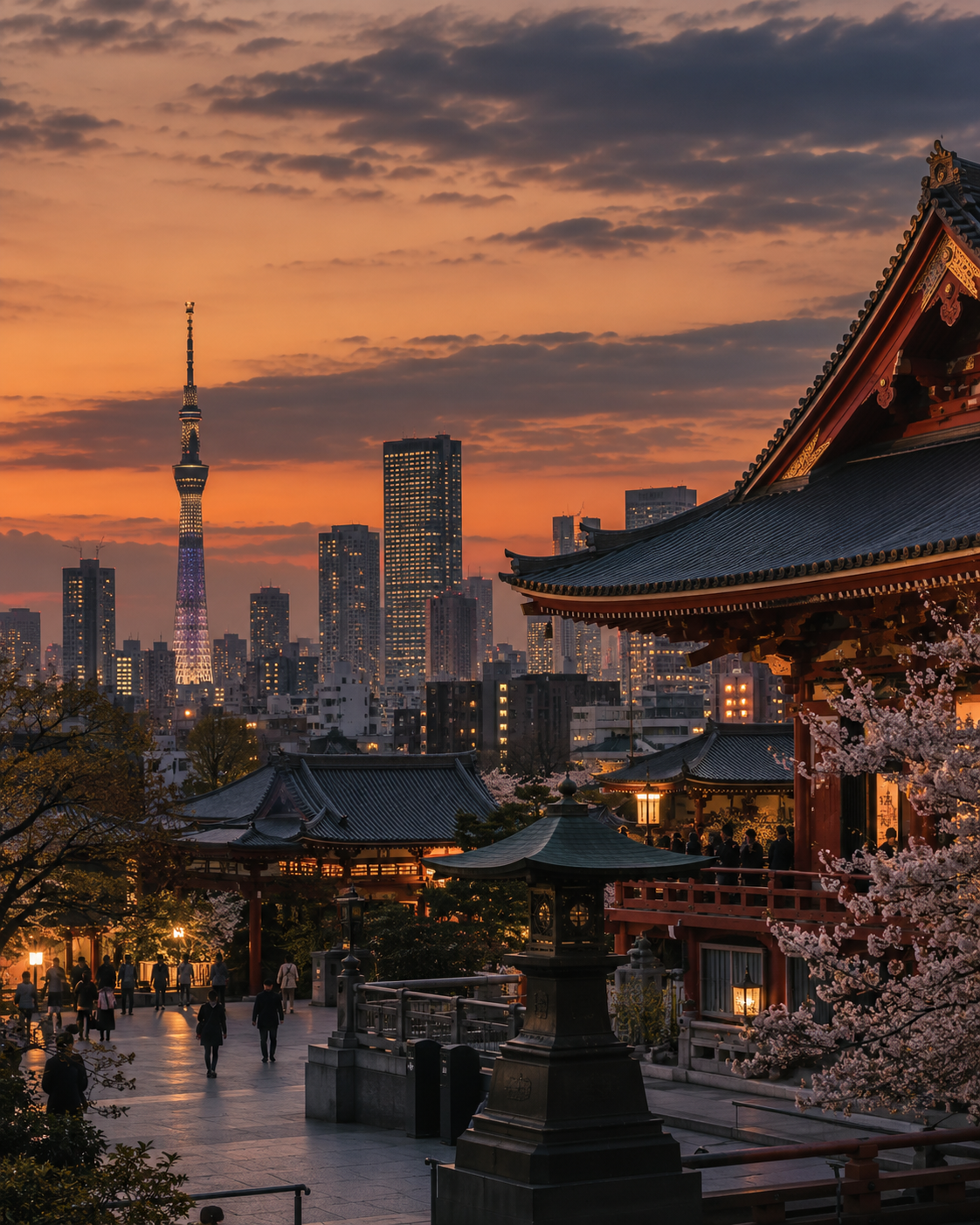 Traditional temple and modern Japan skyline