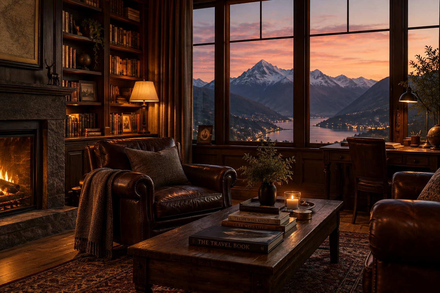 A cozy dark study with leather armchairs and mountain view